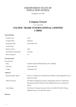 INDEPENDENT STATE of PAPUA NEW GUINEA Company Extract PACIFIC TRADE INTERNATIONAL LIMITED 1-28826