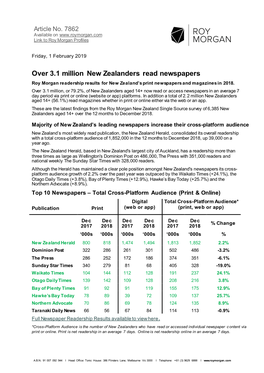 Over 3.1 Million New Zealanders Read Newspapers Roy Morgan Readership Results for New Zealand’S Print Newspapers and Magazines in 2018