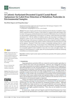 A Cationic Surfactant-Decorated Liquid Crystal-Based Aptasensor for Label-Free Detection of Malathion Pesticides in Environmental Samples