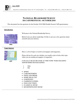 National Readership Survey Ds-Capi Protocol –October 2010