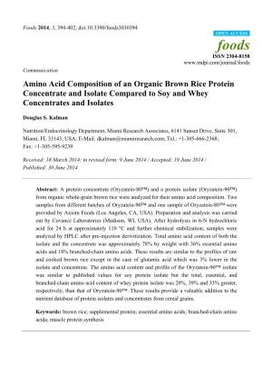 Amino Acid Composition of an Organic Brown Rice Protein Concentrate and Isolate Compared to Soy and Whey Concentrates and Isolates