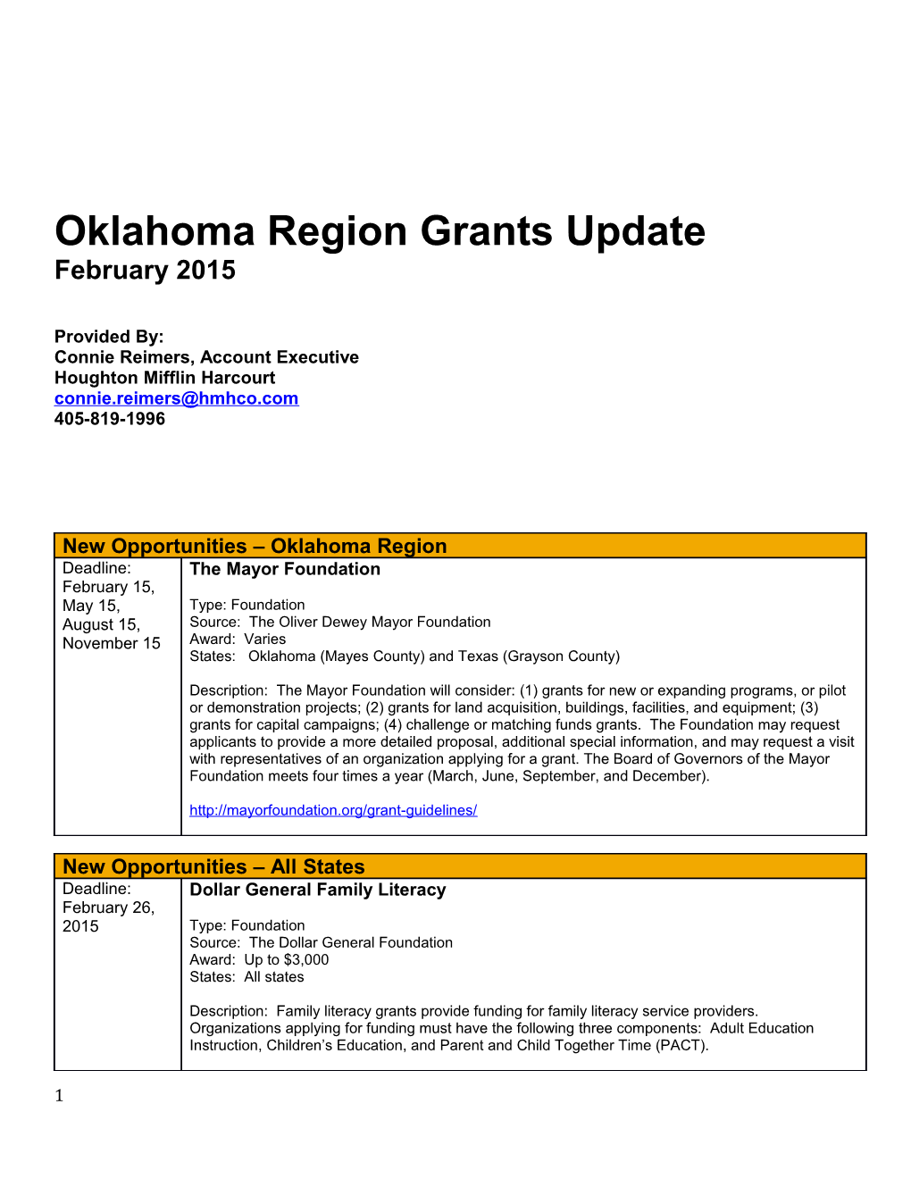 Oklahoma Region Grants Update