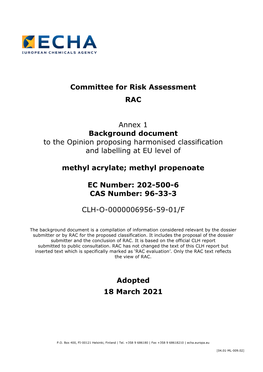 Committee for Risk Assessment RAC Annex 1 Background Document to the Opinion Proposing Harmonised Classification and Labelling