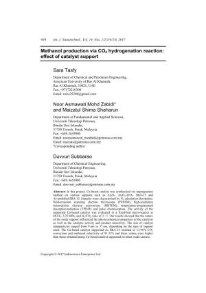 Methanol Production Via CO2 Hydrogenation Reaction: Effect of Catalyst Support