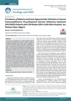 Prevalence of Malaria and Some Opportunistic Infections in Human Immunodeficiency Virus/Acquired Immune Deficiency Syndrome (HIV/AIDS) Patients with CD4 Below 200 In