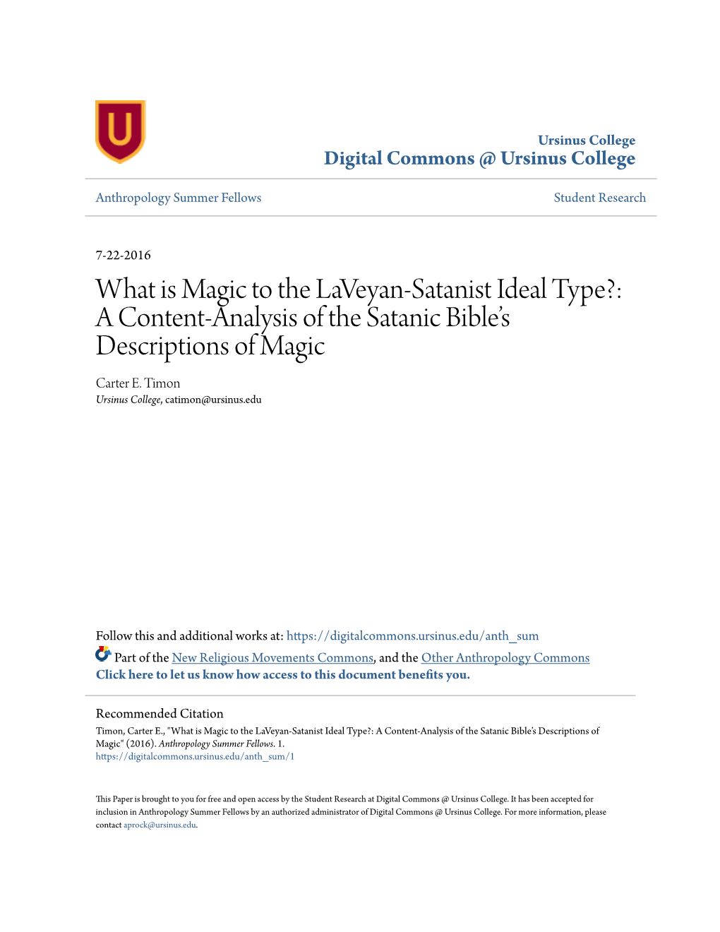 What Is Magic to the Laveyan-Satanist Ideal Type?: a Content-Analysis of the Satanic Bible's Descriptions of Magic