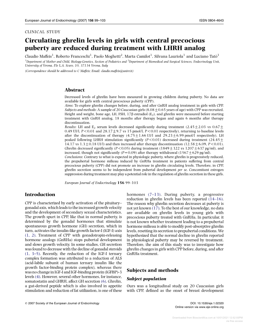 Circulating Ghrelin Levels in Girls with Central Precocious Puberty Are