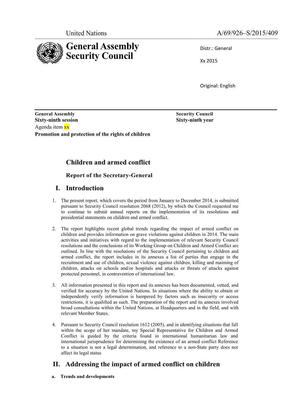 General Assembly Security Council Sixty-Ninth Session Sixty-Ninth Year Agenda Item Xx Promotion and Protection of the Rights of Children