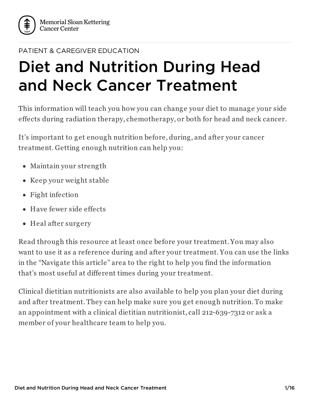 Diet and Nutrition During Head and Neck Cancer Treatment