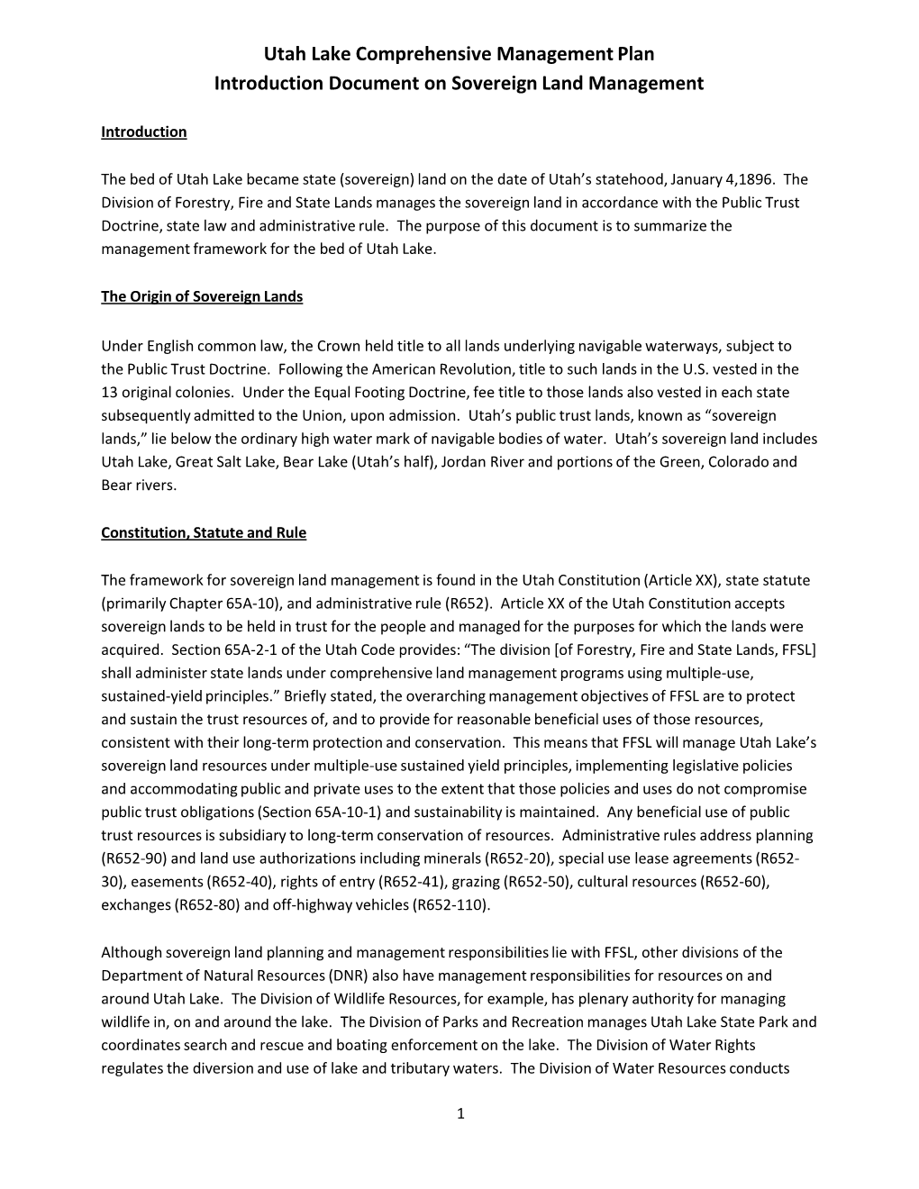 Utah Lake Comprehensive Management Plan Introduction Document on Sovereign Land Management