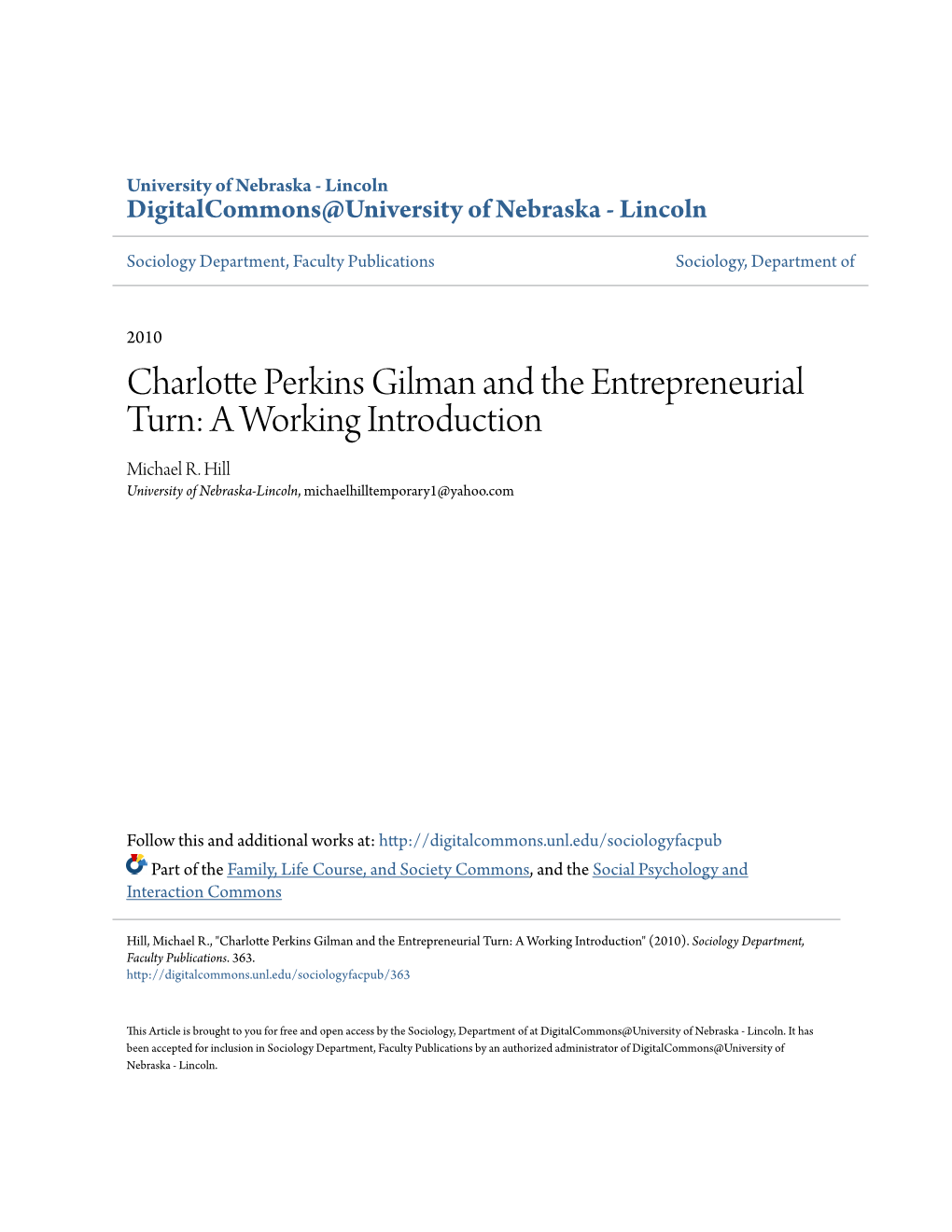 Charlotte Perkins Gilman and the Entrepreneurial Turn: a Working Introduction Michael R