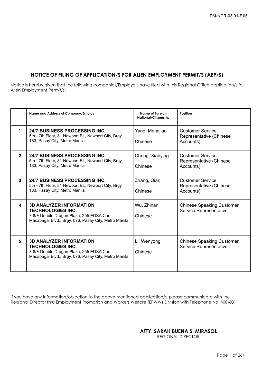 Notice of Filing of Application/S for Alien Employment Permit/S (Aep/S)