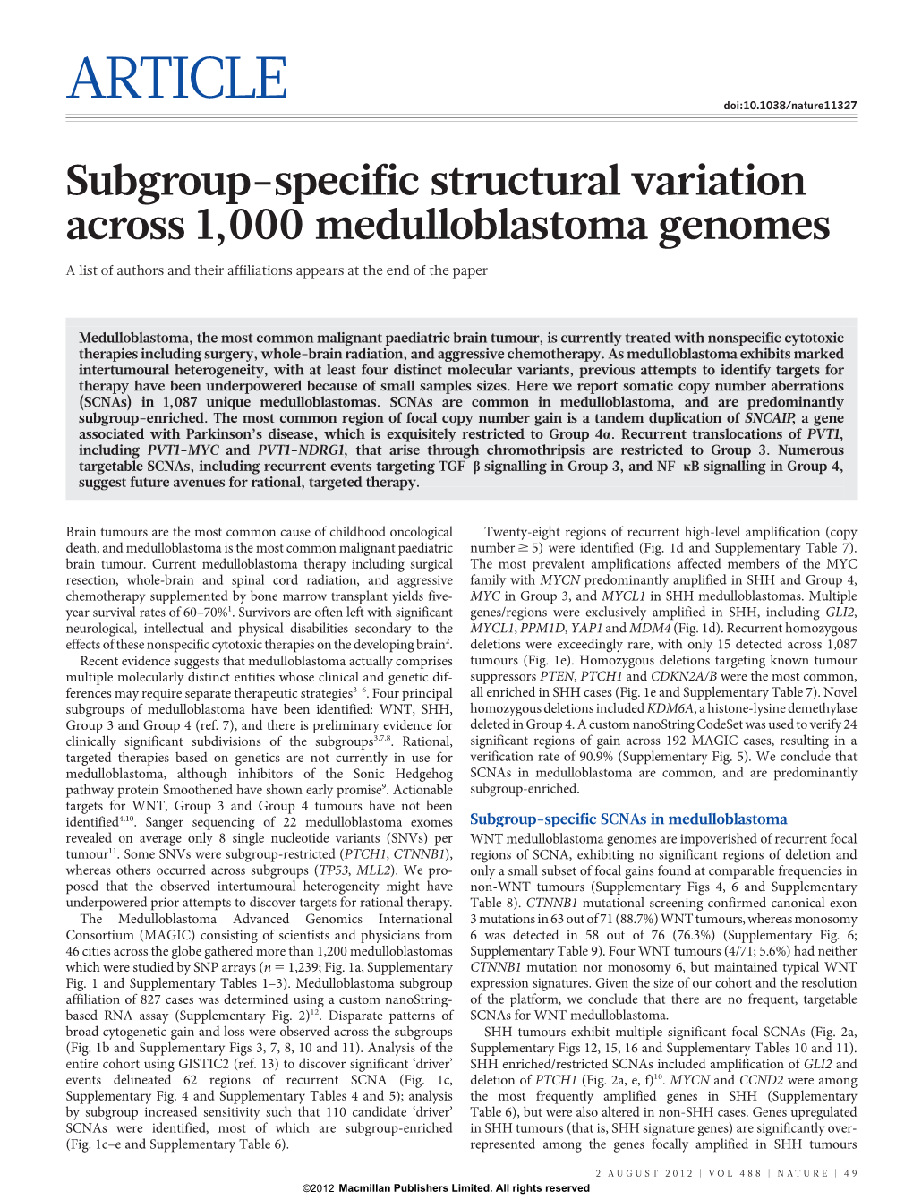 Subgroup-Specific Structural Variation Across 1,000 Medulloblastoma Genomes