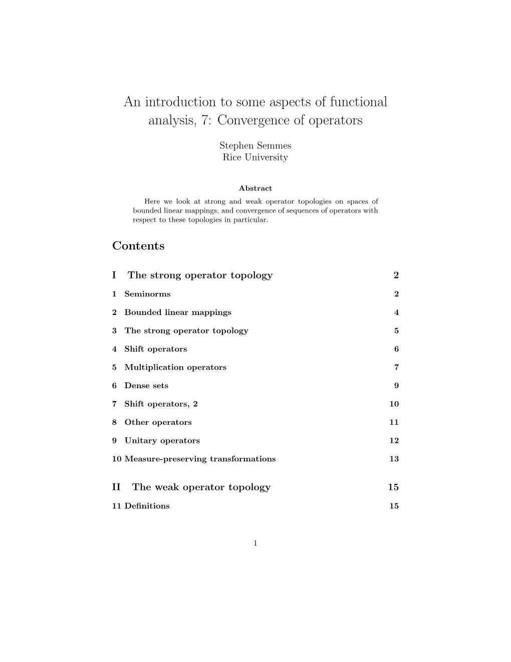 An Introduction to Some Aspects of Functional Analysis, 7: Convergence of Operators