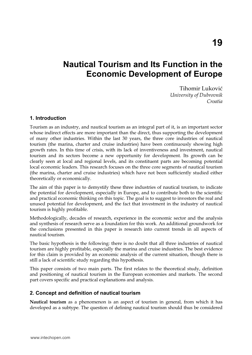 Nautical Tourism and Its Function in the Economic Development of Europe