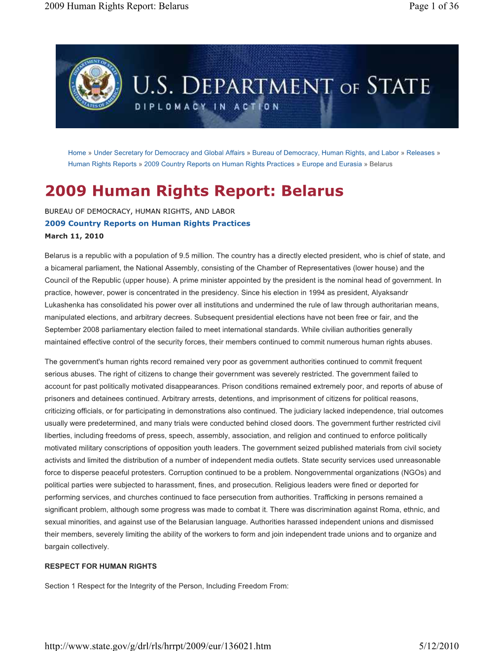 2009 Human Rights Report: Belarus Page 1 of 36