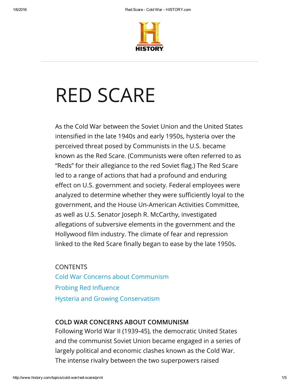 Red Scare ­ Cold War ­ HISTORY.Com