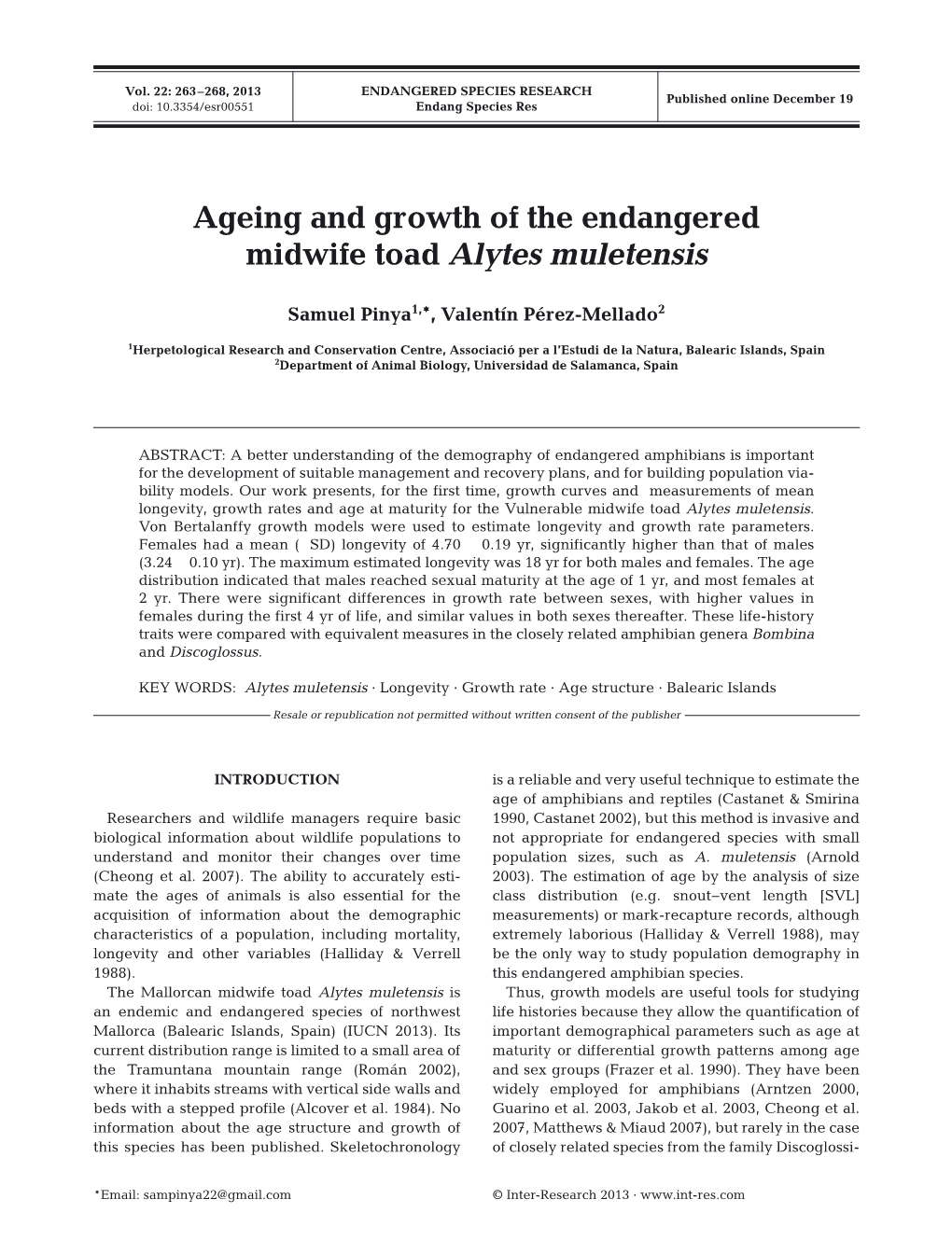 Ageing and Growth of the Endangered Midwife Toad Alytes Muletensis