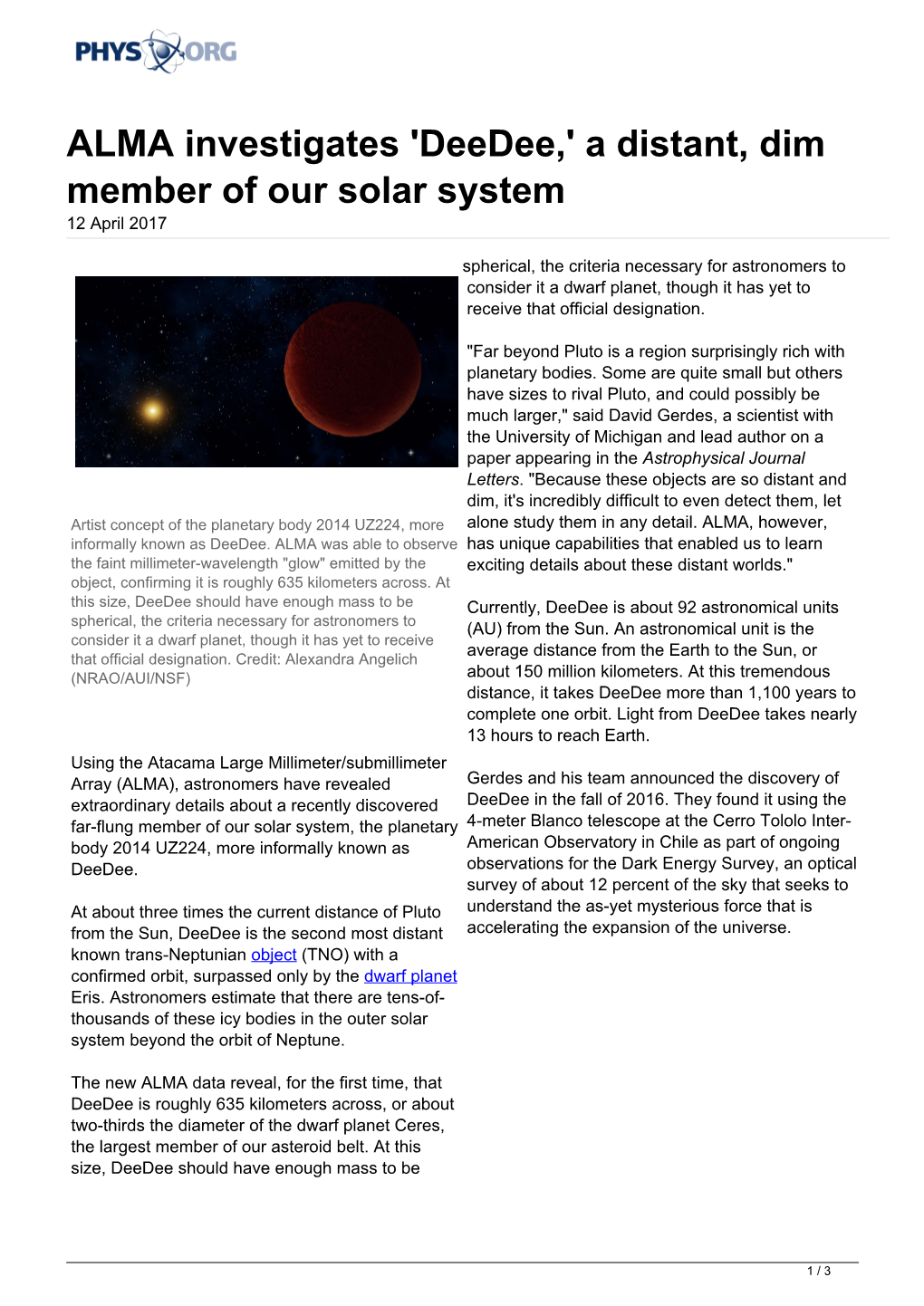 ALMA Investigates 'Deedee,' a Distant, Dim Member of Our Solar System 12 April 2017