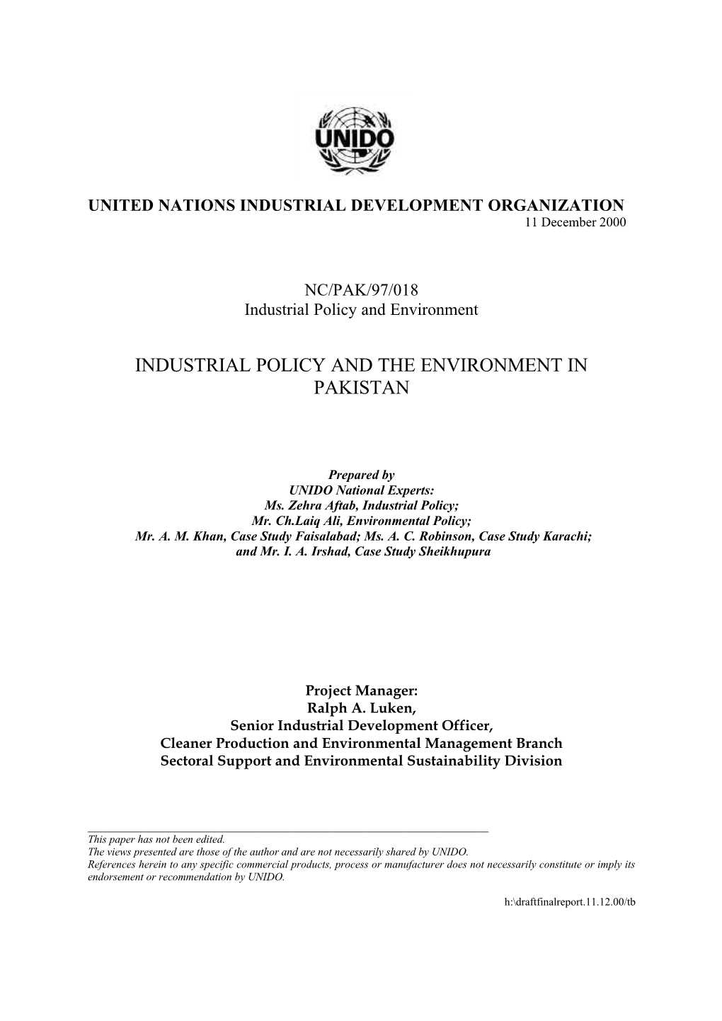 Industrial Policy and the Environment in Pakistan