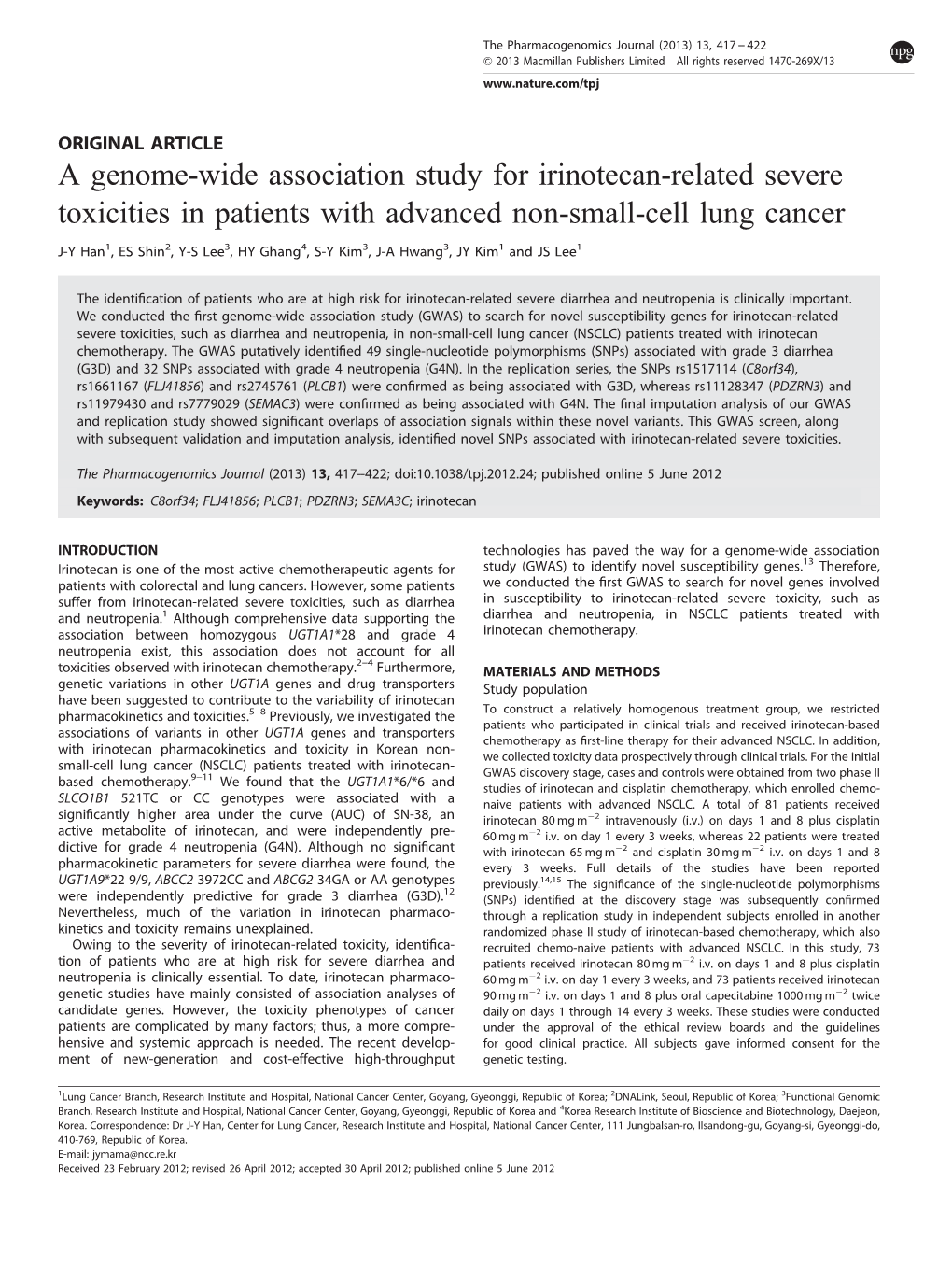 A Genome-Wide Association Study for Irinotecan-Related Severe Toxicities in Patients with Advanced Non-Small-Cell Lung Cancer
