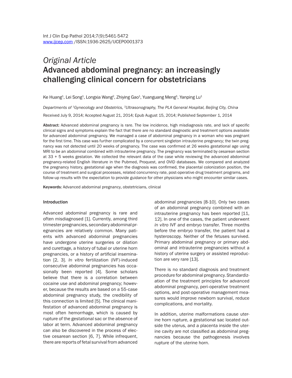 Original Article Advanced Abdominal Pregnancy: an Increasingly Challenging Clinical Concern for Obstetricians