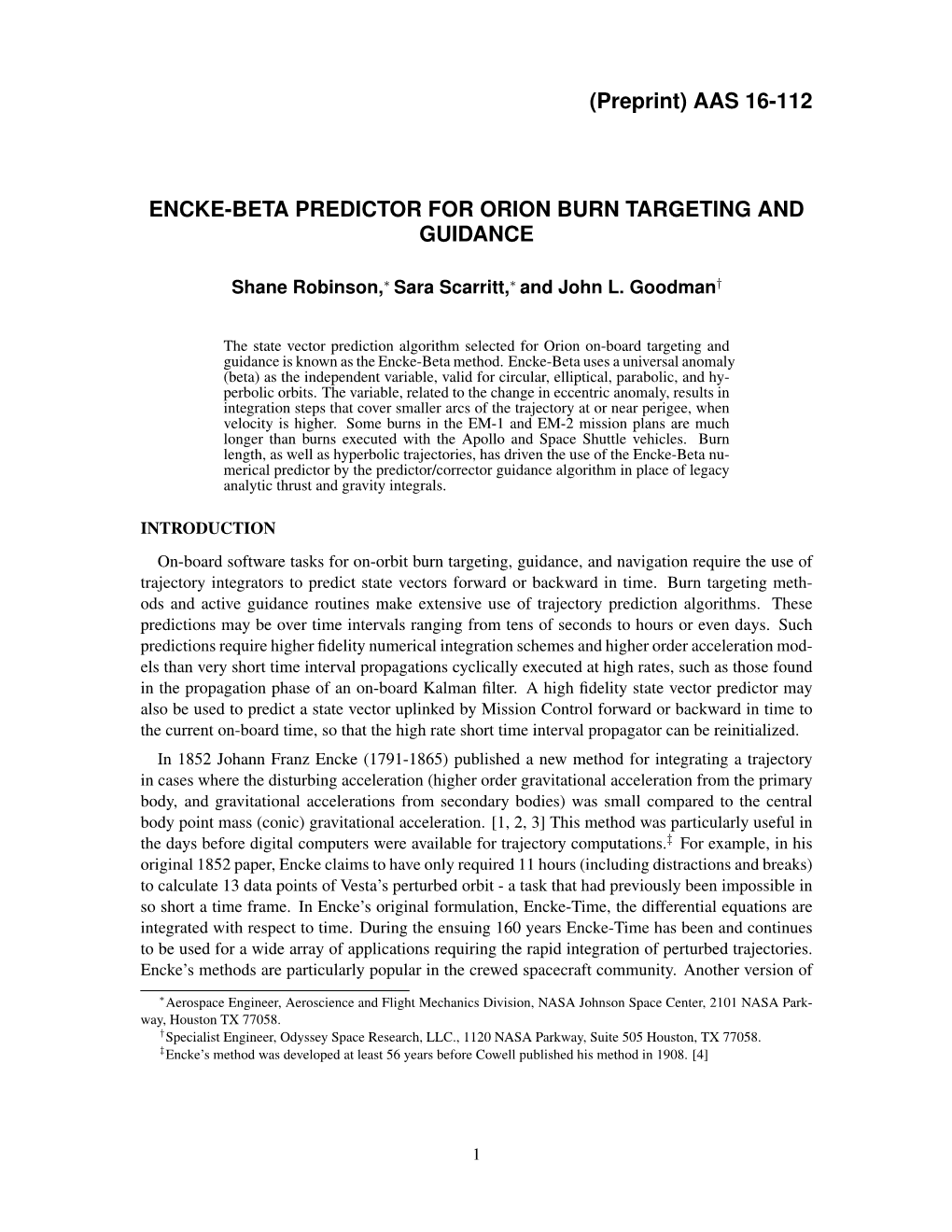 (Preprint) AAS 16-112 ENCKE-BETA PREDICTOR for ORION BURN