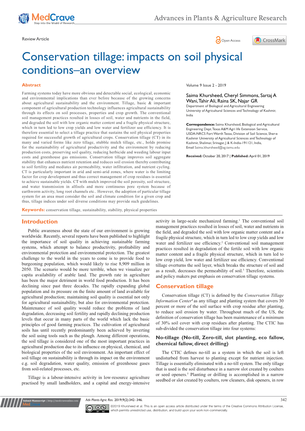 Conservation Tillage: Impacts on Soil Physical Conditions–An Overview