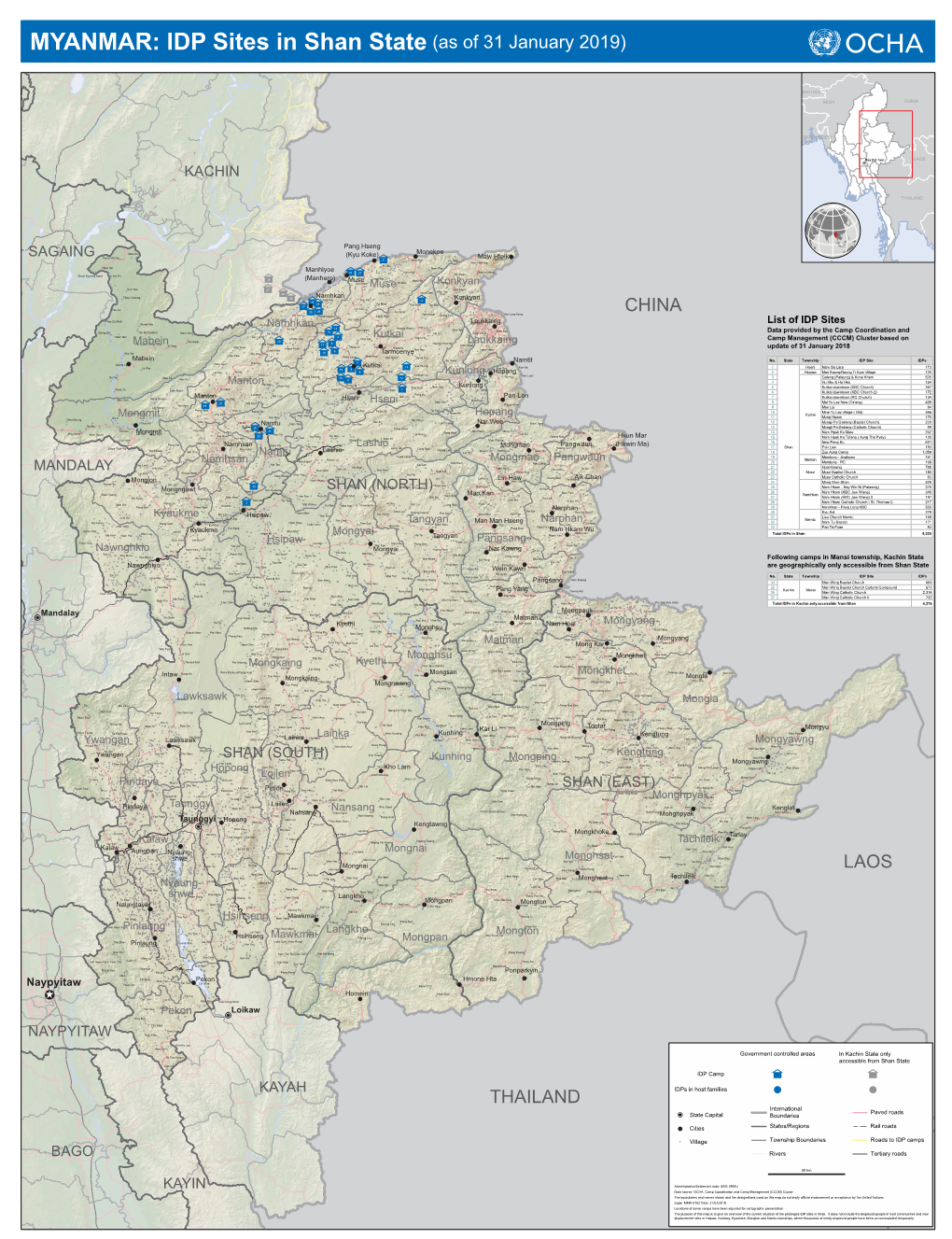 IDP Sites in Shan State (As of 31 January 2019)