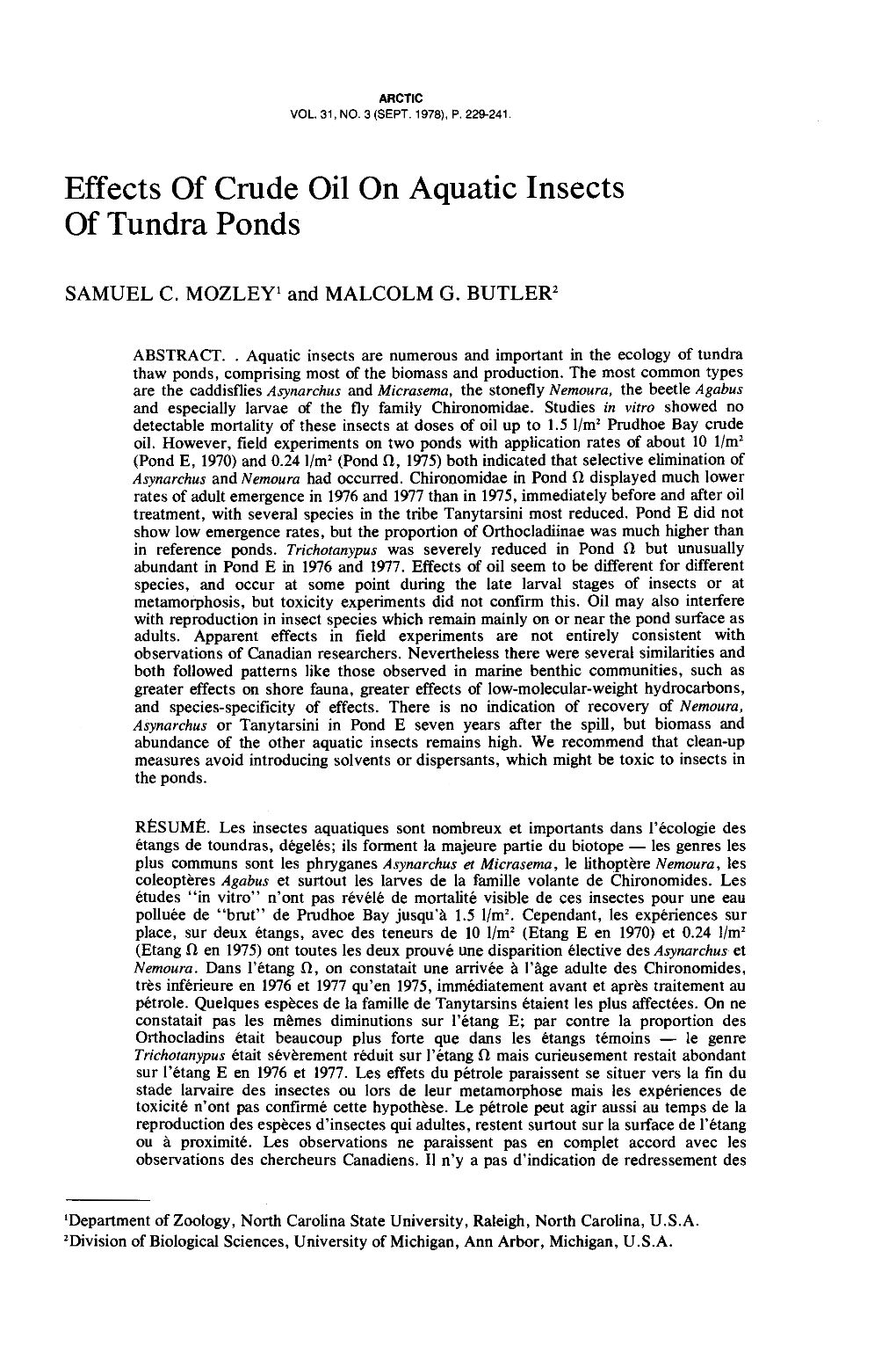 Effects of Crude Oil on Aquatic Insects of Tundra Ponds