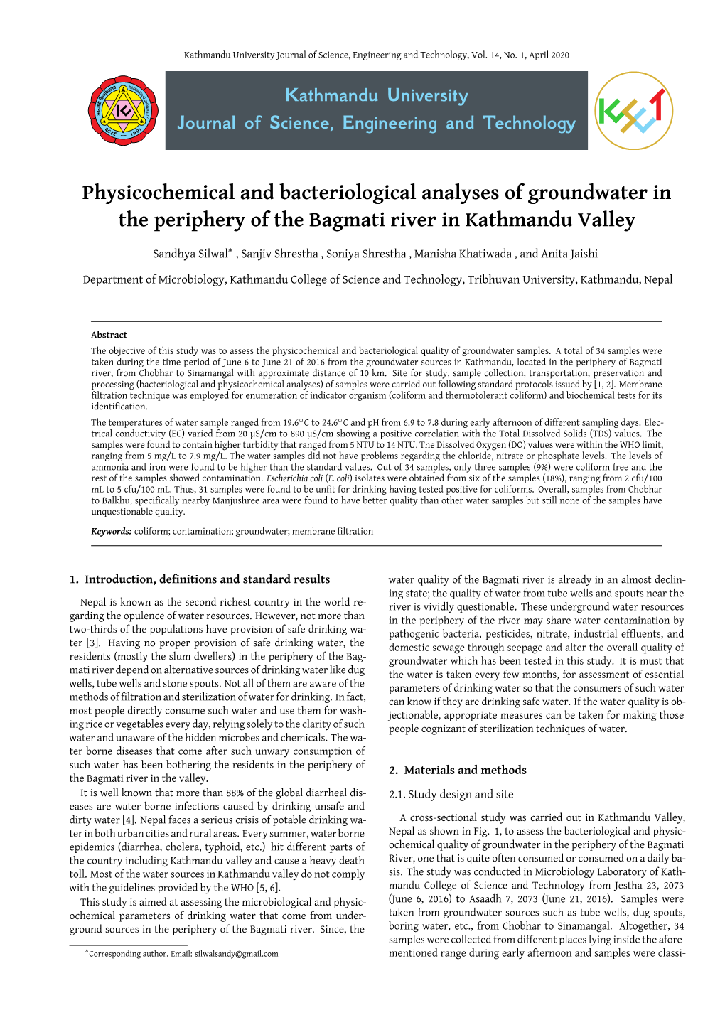 Physicochemical and Bacteriological Analyses of Groundwater in the Periphery of the Bagmati River in Kathmandu Valley