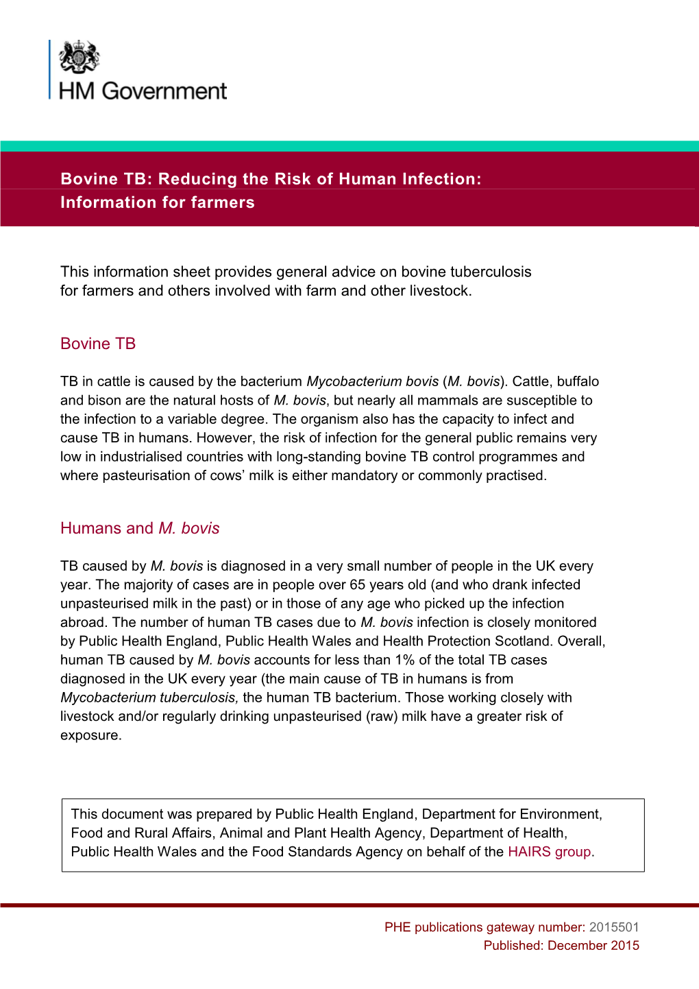 Information for Farmers Bovine TB Humans and M. Bovis