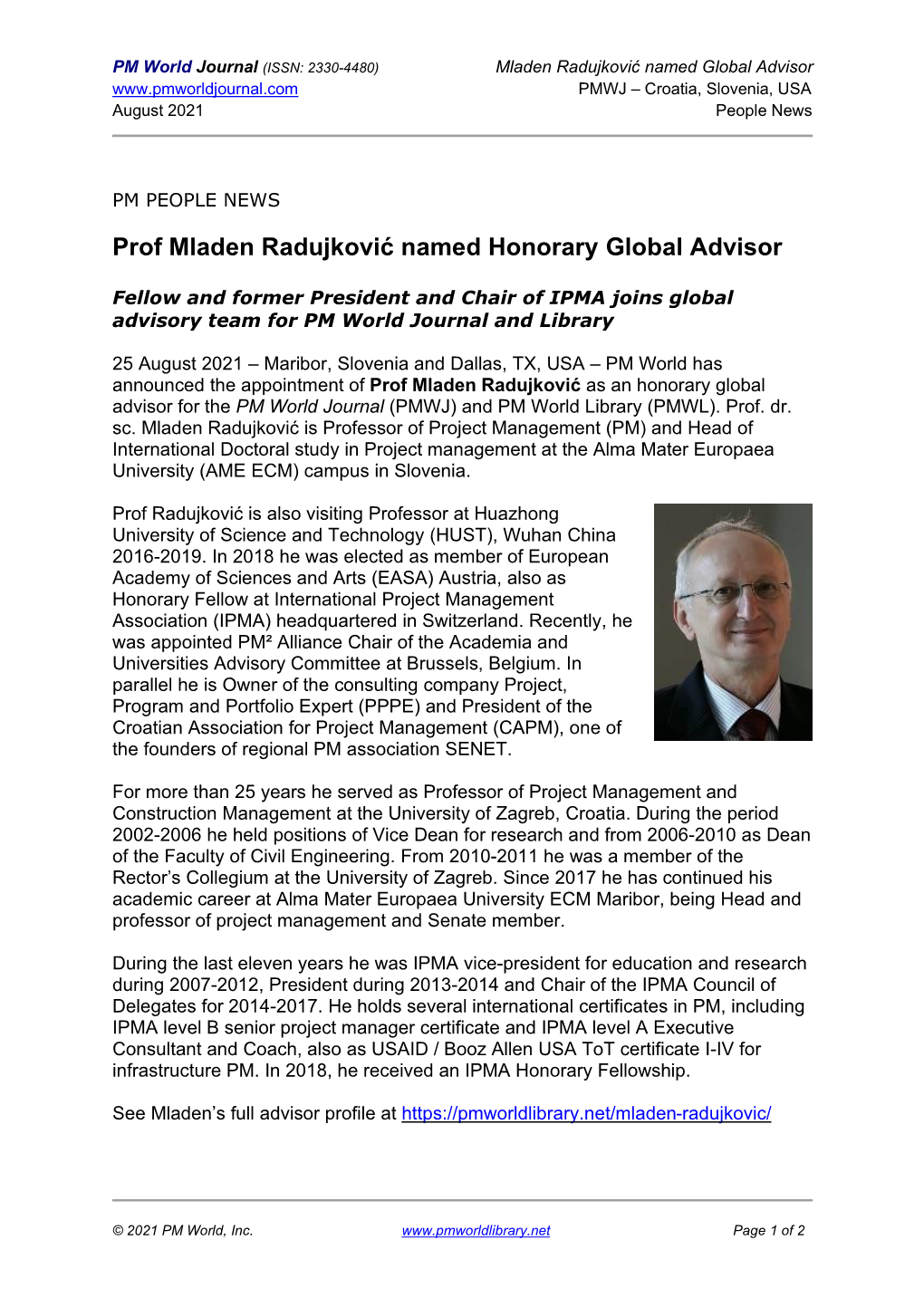 Prof Mladen Radujković Named Honorary Global Advisor