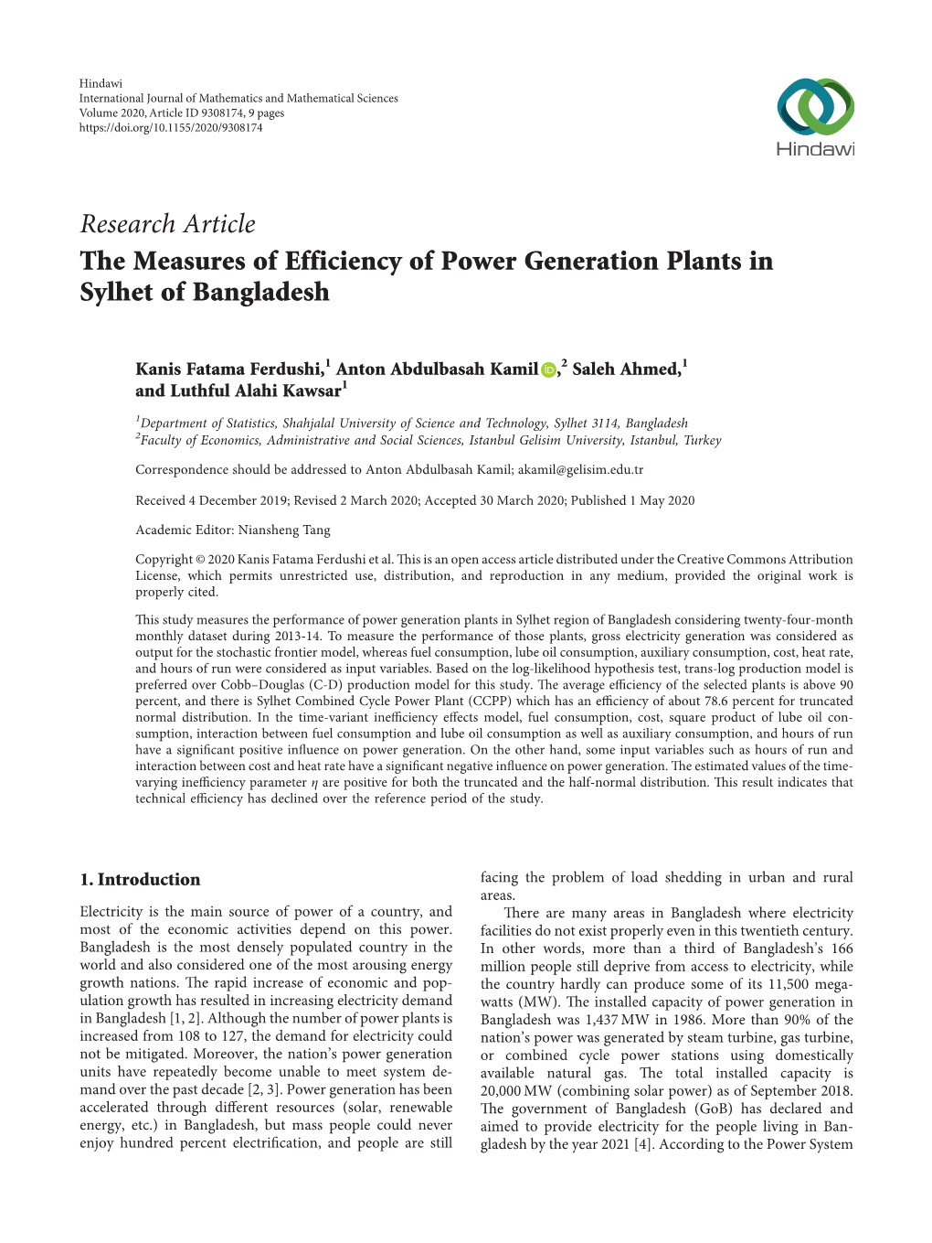 The Measures of Efficiency of Power Generation Plants in Sylhet of Bangladesh