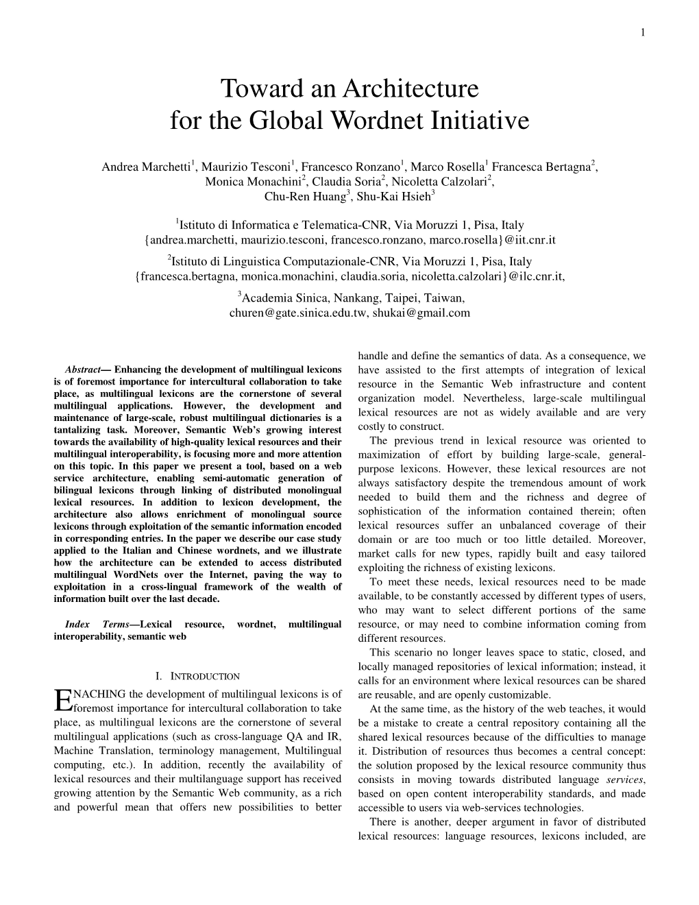Toward an Architecture for the Global Wordnet Initiative