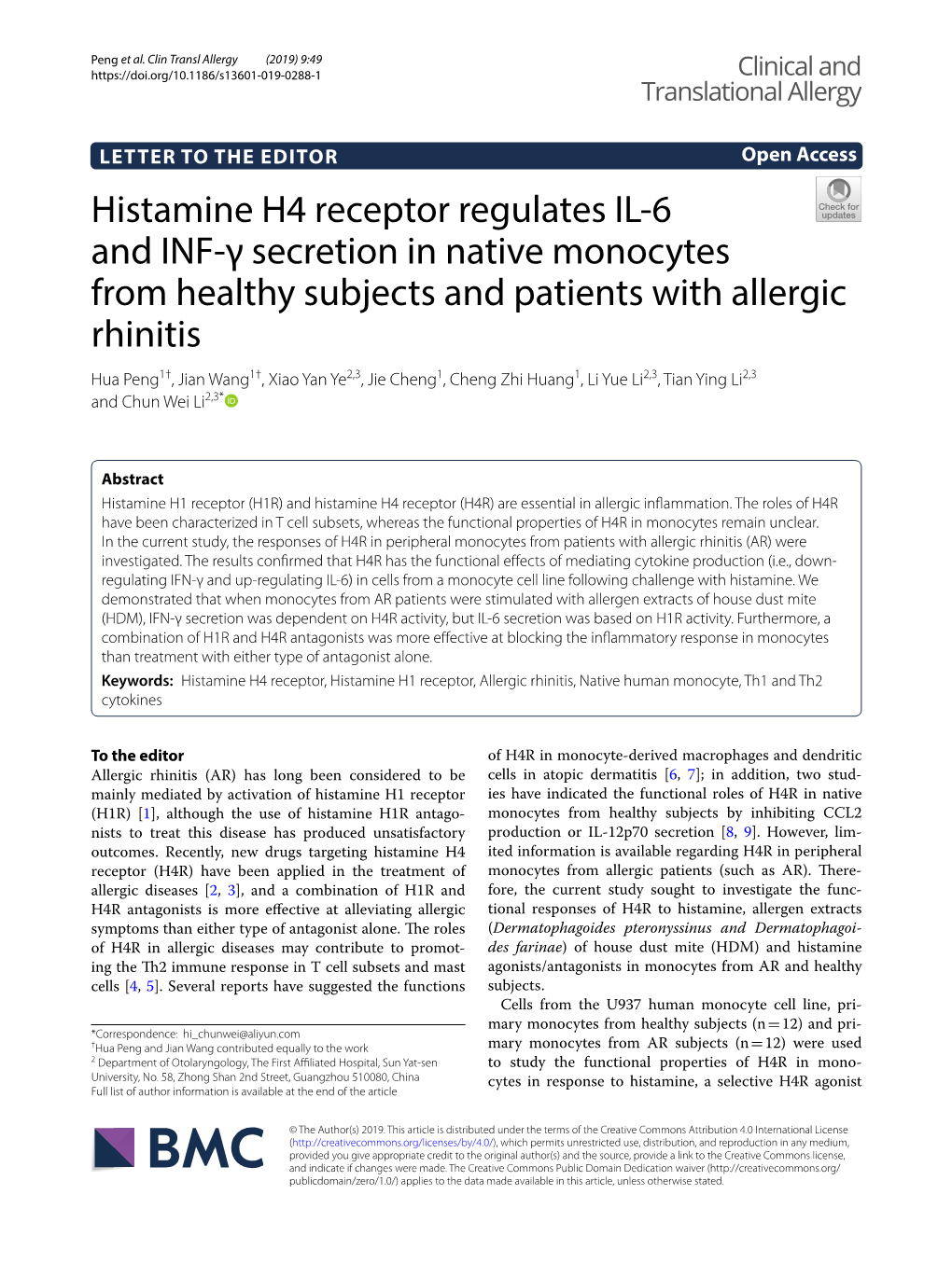 Histamine H4 Receptor Regulates IL-6 and INF-Γ Secretion in Native