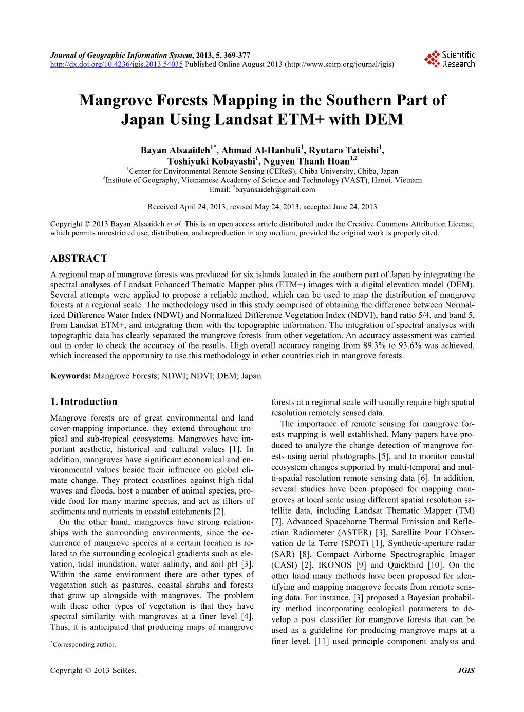 Mangrove Forests Mapping in the Southern Part of Japan Using Landsat ETM+ with DEM