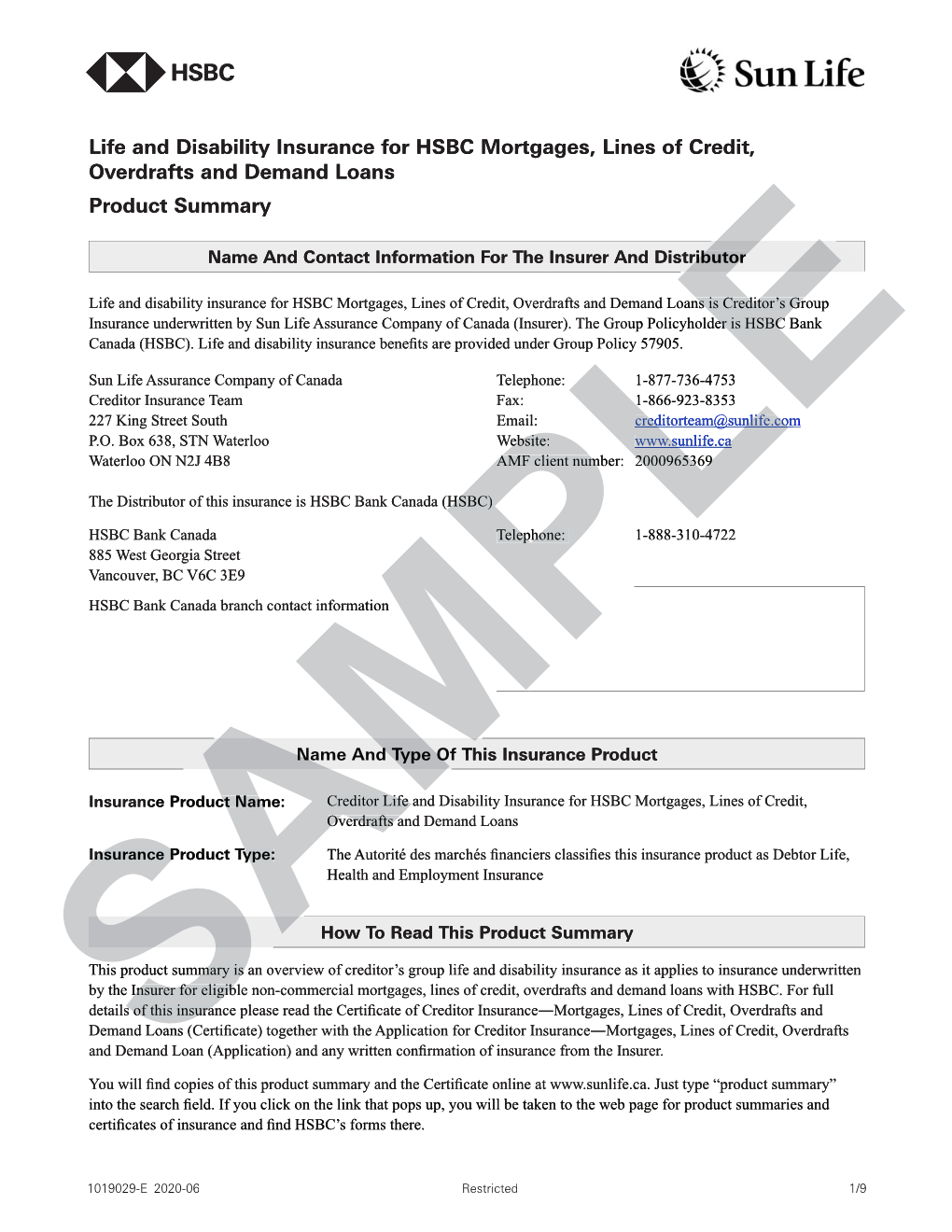 Life and Disability Insurance for HSBC Mortgages, Lines of Credit, Overdraftsoverdrafts and Demand Loanloanss Product Summary