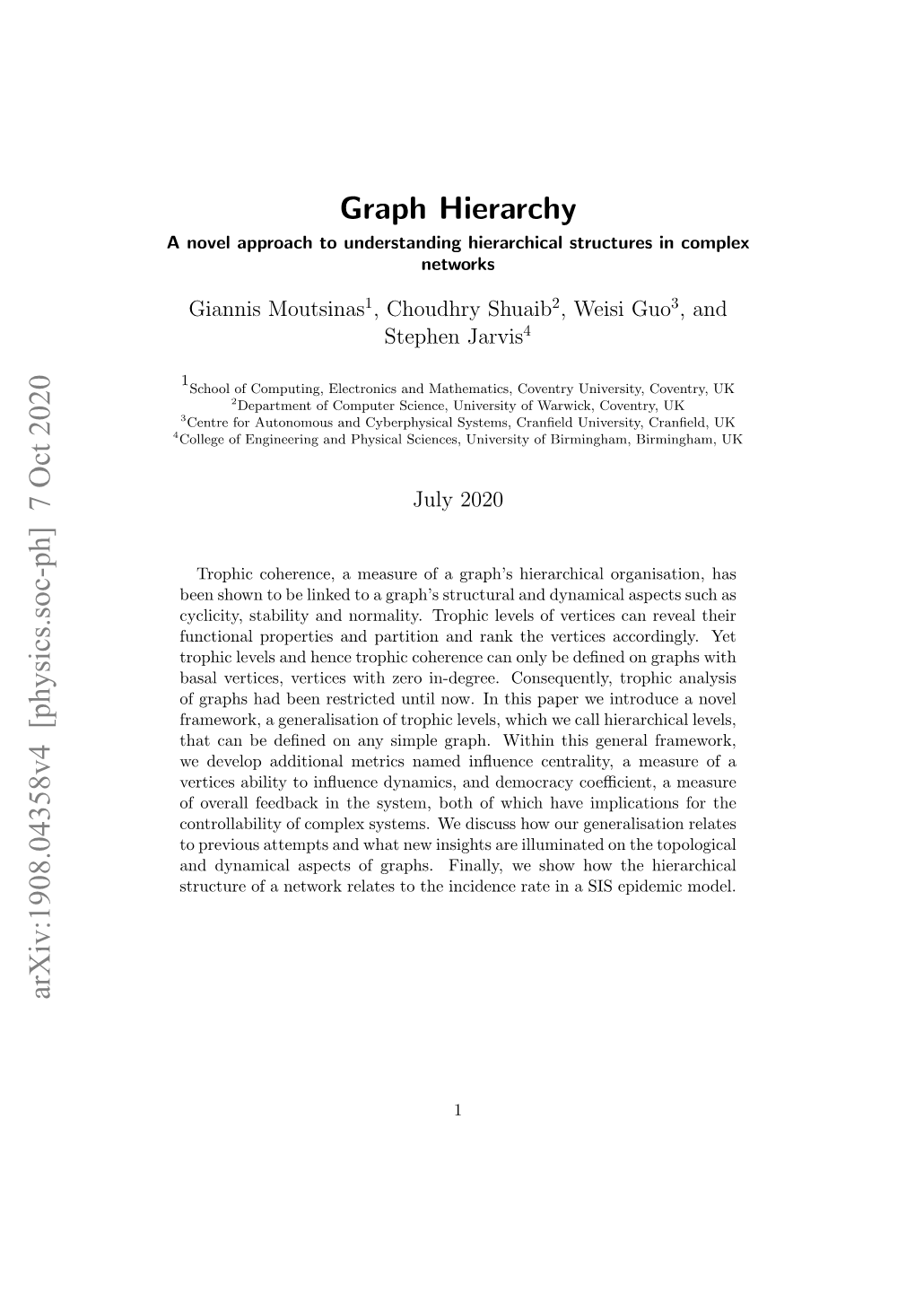 Graph Hierarchy Arxiv:1908.04358V4 [Physics.Soc-Ph] 7 Oct 2020