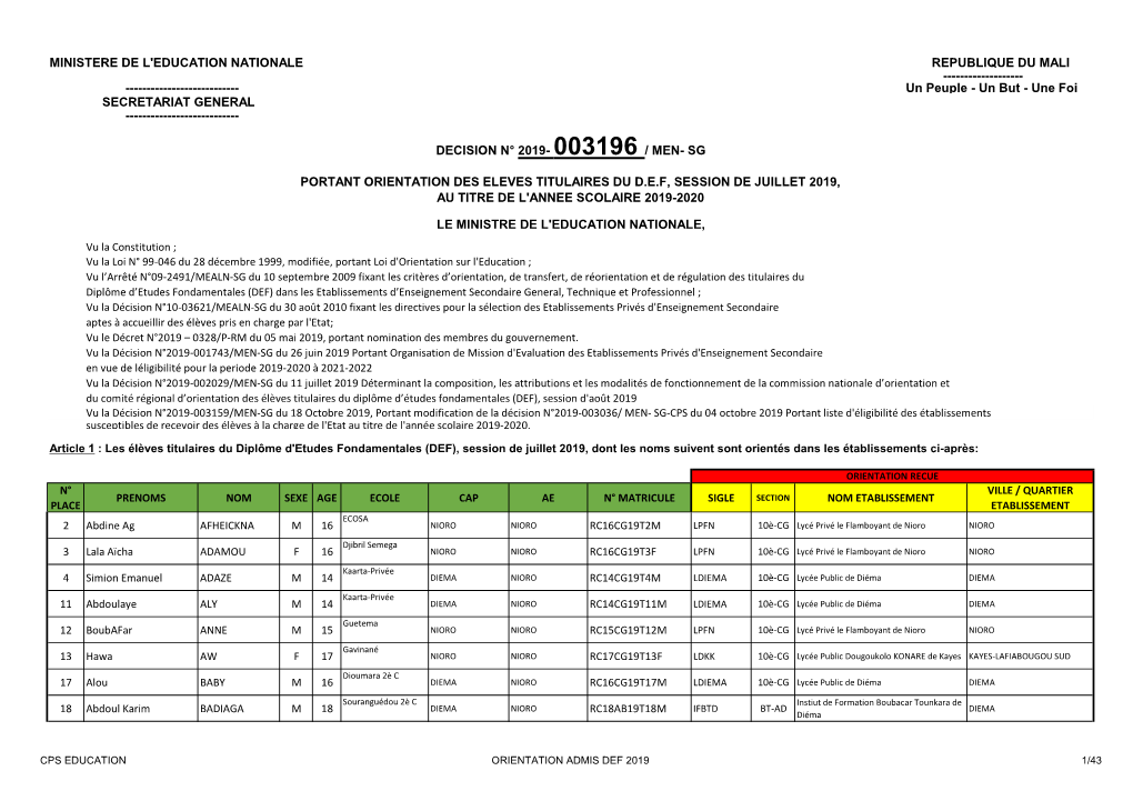 Decision N° 2019- 003196 / Men- Sg Le Ministre De L'education Nationale