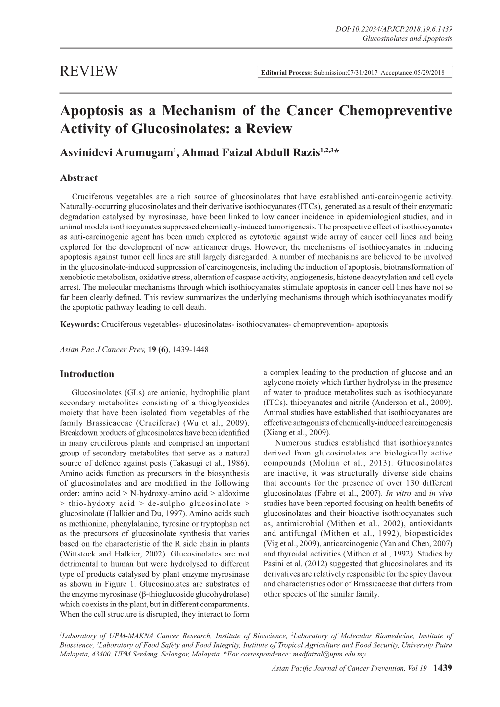 REVIEW Apoptosis As a Mechanism of the Cancer Chemopreventive