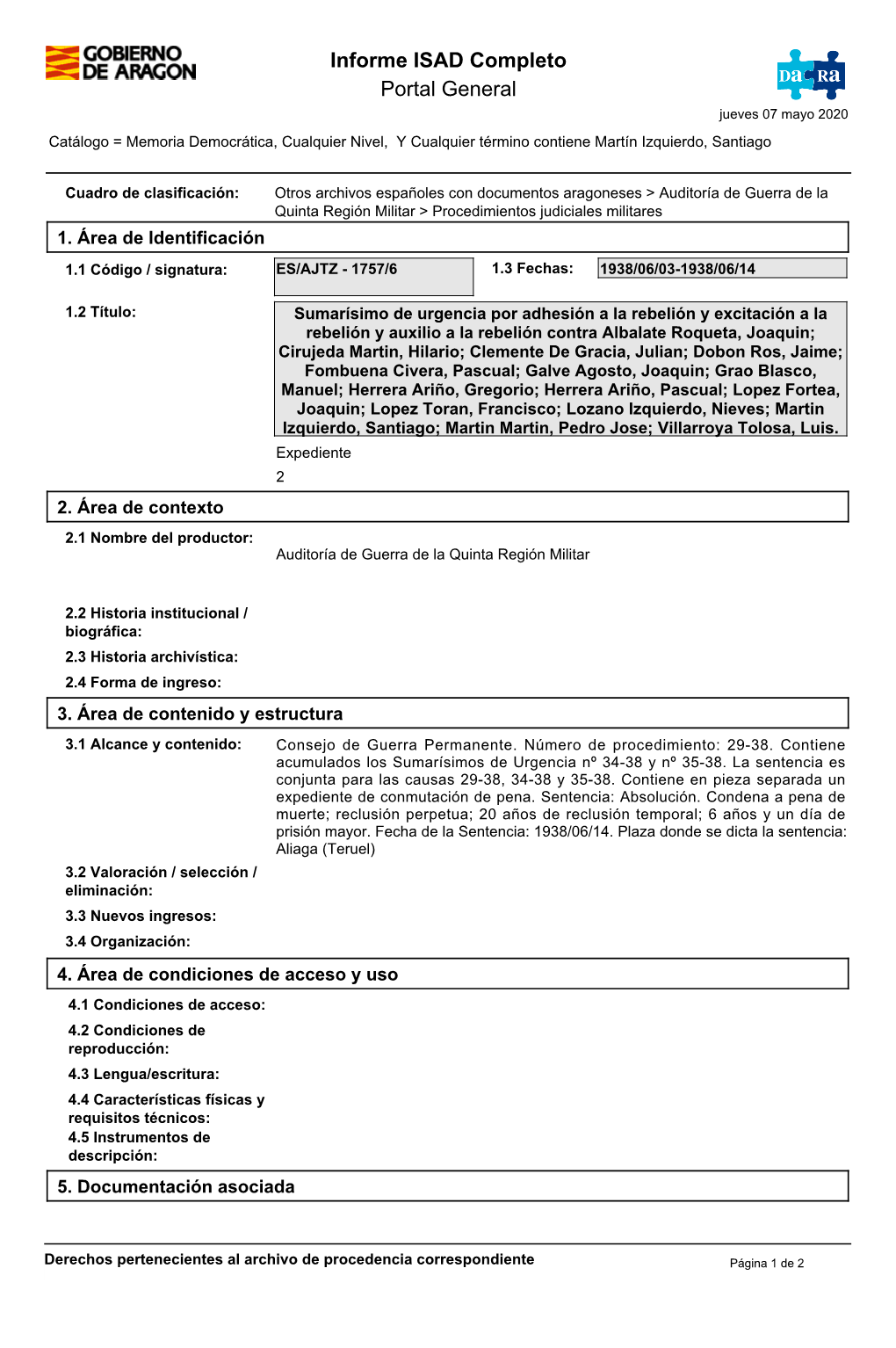 Informe ISAD Completo Portal General Jueves 07 Mayo 2020 Catálogo = Memoria Democrática, Cualquier Nivel, Y Cualquier Término Contiene Martín Izquierdo, Santiago