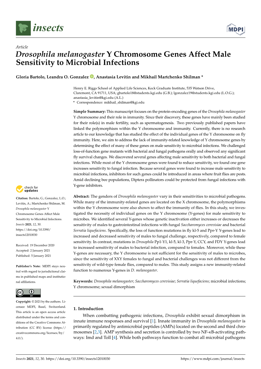 Drosophila Melanogaster Y Chromosome Genes Affect Male Sensitivity to Microbial Infections