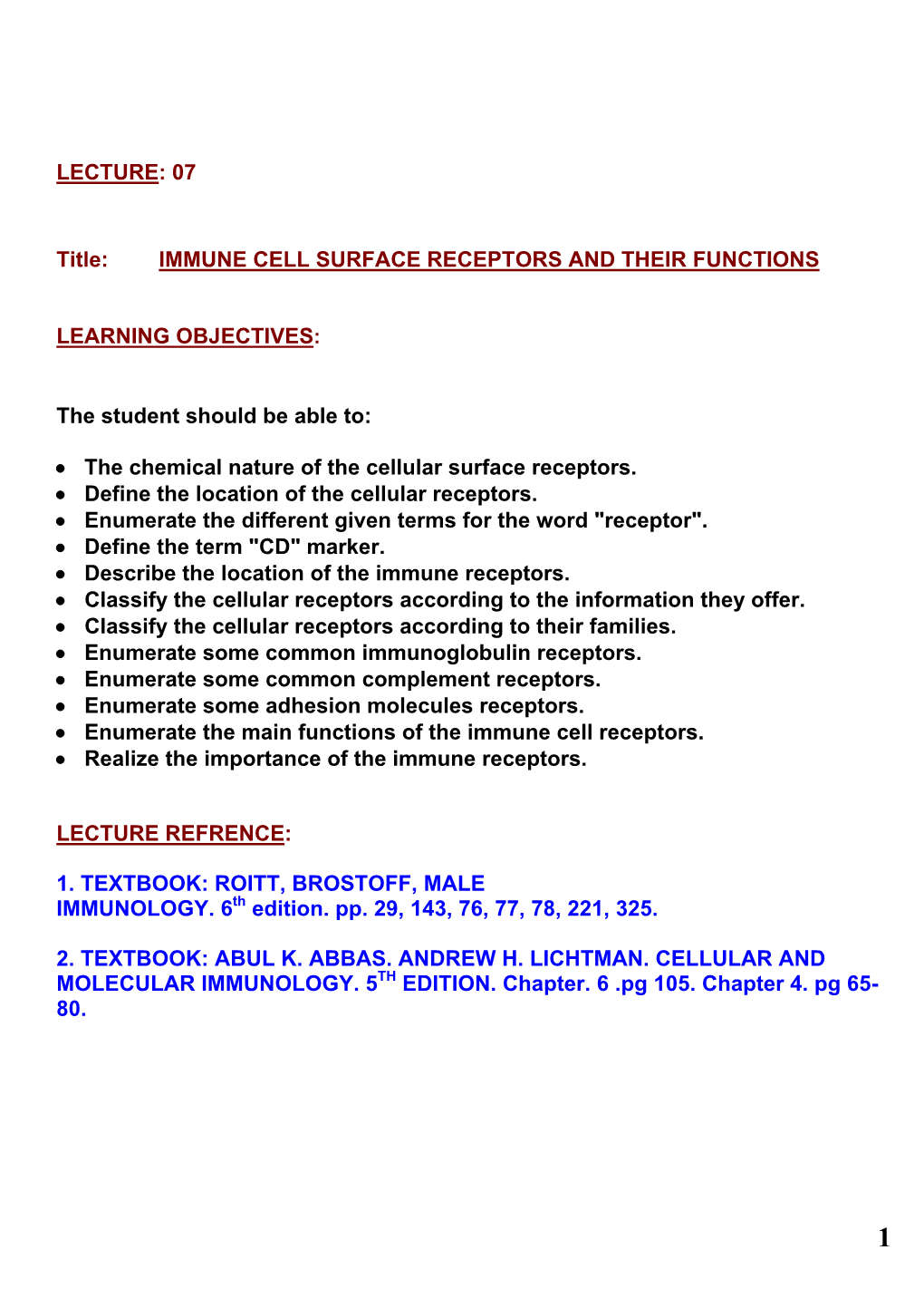 LECTURE 07 Immune Cells Surface Receptors and Their Functions