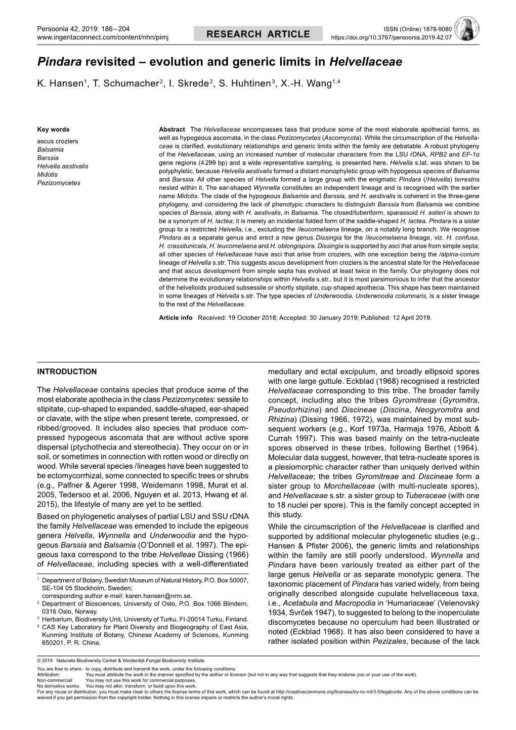 Pindara Revisited – Evolution and Generic Limits in Helvellaceae