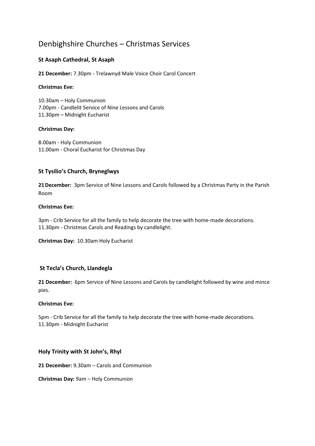 Denbighshire Churches Christmas Services