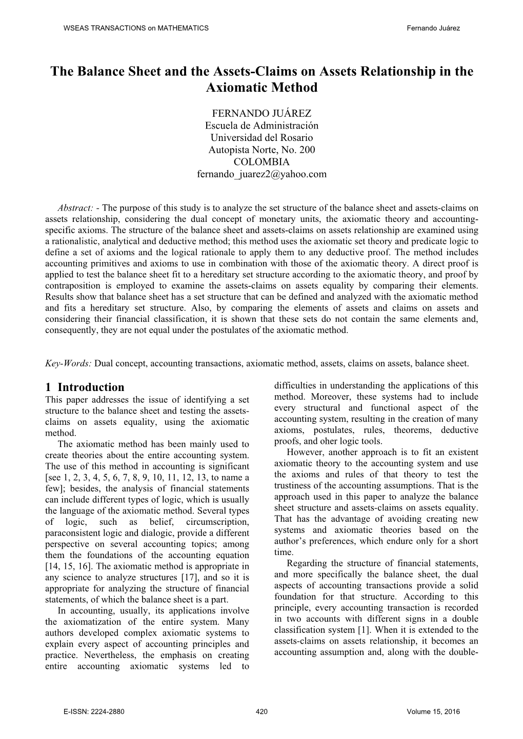 The Balance Sheet and the Assets-Claims on Assets Relationship in the Axiomatic Method