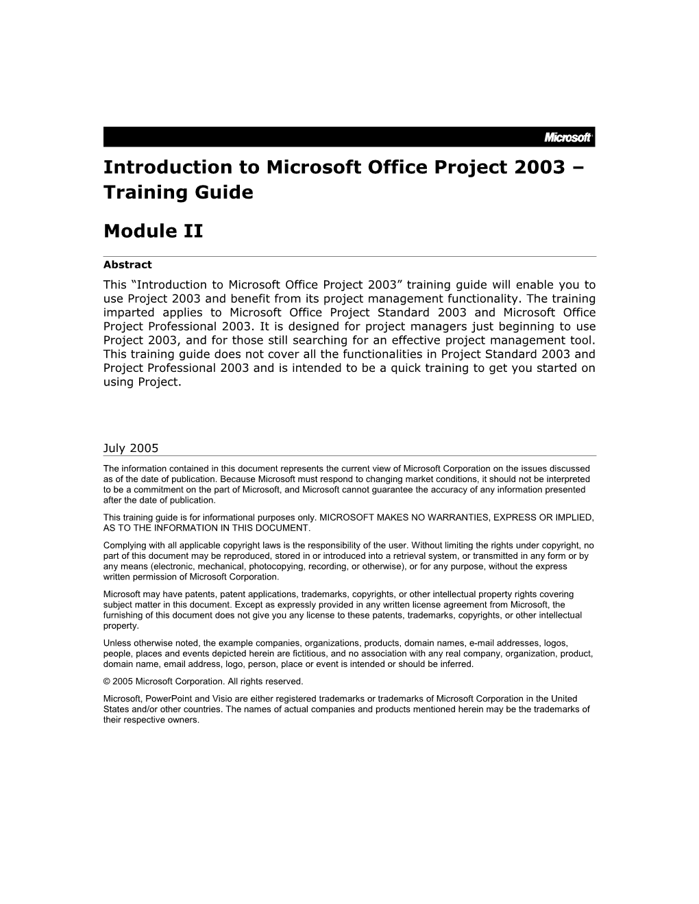Introduction to Microsoft Office Project 2003 Training Guide
