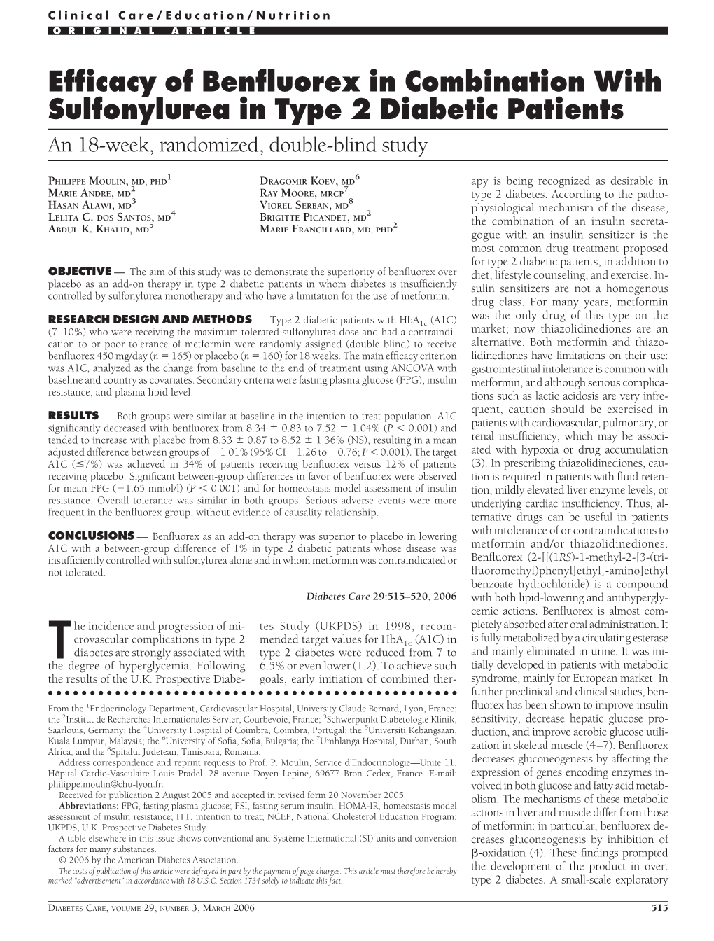 Efficacy of Benfluorex in Combination with Sulfonylurea in Type 2