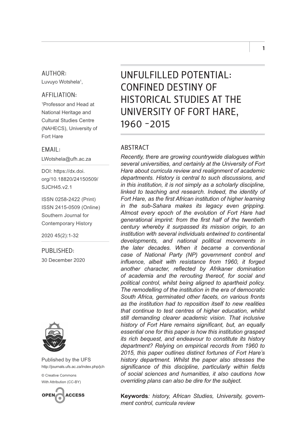 Confined Destiny of Historical Studies at the University of Fort Hare, 1960